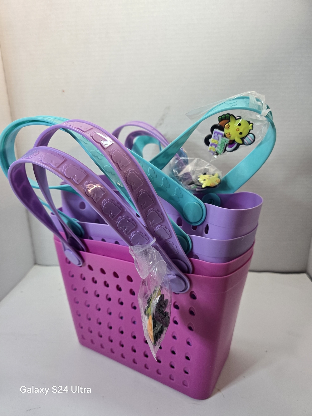 4 VIRAL Mini Bog Bags Style Dupe Purple Easter Baskets Tote W/ Charms- Kids